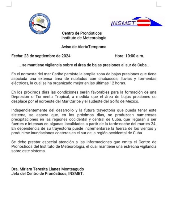 GrupoGEALAV's tweet photo. Atención #Avicultores 🧏🏻🧏🏻
Emite Centro de Pronósticos Aviso de Alerta Temprana sobre condiciones favorables para formación de Depresión o Tormenta Tropical al desplazarse zona de bajas presiones por noroeste del mar Caribe.
#gealav https://t.co/Z5F1PEg4c8