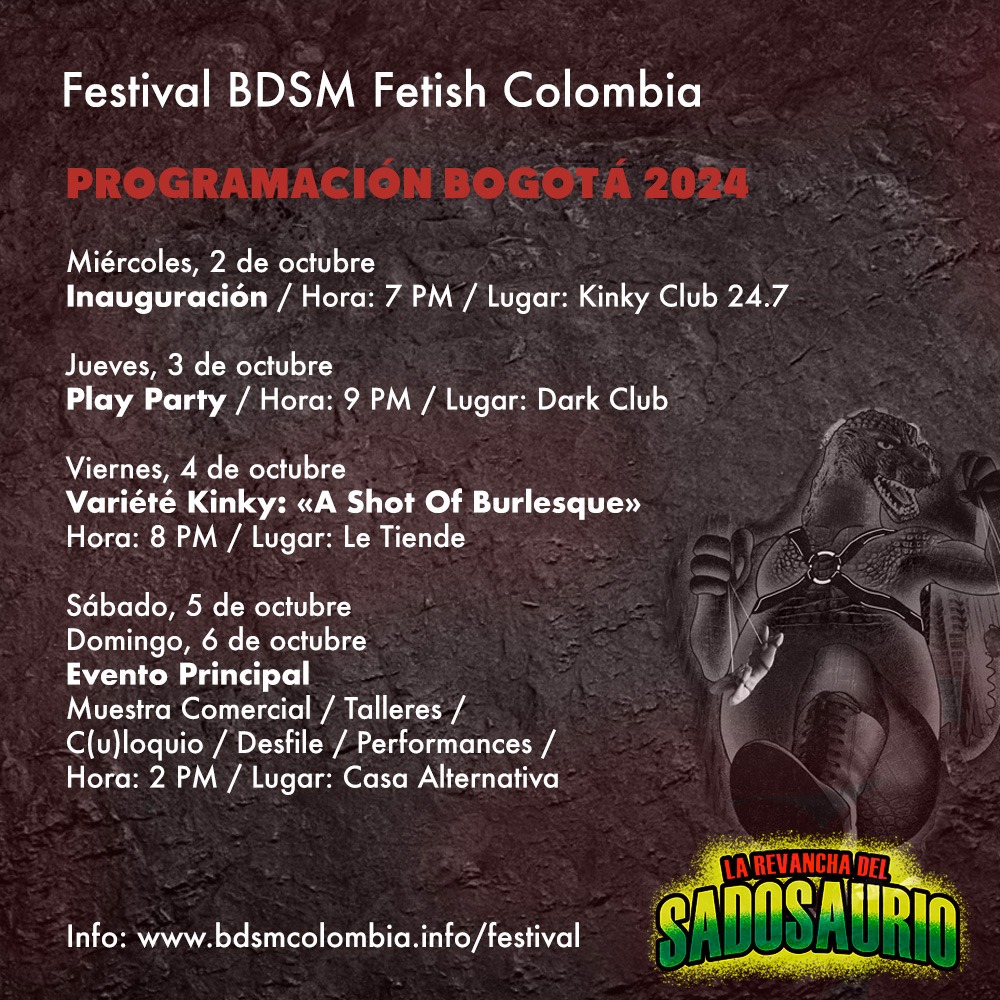 🚨 Atención 🚨 cambio de planes. Este año el Festival BDSM Fetish Colombia 2024 cambia su cronograma y tendremos DOS días de muestra comercial, performances, talleres y mucho más.