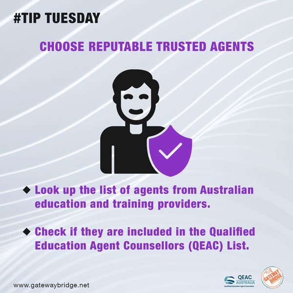 gatewaybridge's tweet image. QEAC agents ensure a smooth transition to studying in Australia, providing support with applications, academics, and visas. Check out our #TipTuesday for tips on choosing a reliable agent!

Connect with a QEAC agent to kickstart your Australian education journey!

#gatewaybridge