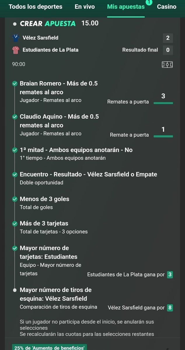 Después de nose cuanto tiempo sin apostar tiré una combinada para joder..
Gracias velez aquino y romero!
X15 ✅️