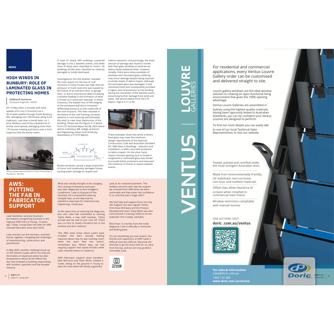 AWS_Australia's tweet image. The Spring 2024 edition of Builtview Magazine is out now!
You can find us on page 50 for the recent work of our fabricator Evolution Window Systems with Orosi Apartments and on page 62 for a story about our fabricator, Young Glass!

#BuiltviewMagazine #AGWA #AWS #windows #doors