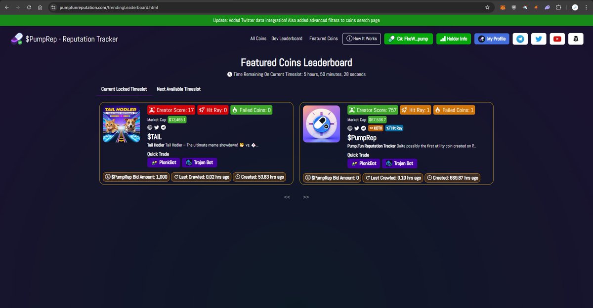 _ZenithLabs's tweet photo. 👀Smart coin owners are starting to utilize the #pumprep featured coins leaderboard more and more every day!

💸$PumpRep is so cheap right now that you can get hundreds of impressions on your coin for under a cent! Better capitalize on it before #pumprep blows up and bidding gets a lot more expensive!

🖥️ The best part is there's no minimum bid amount - start bidding for your token to be promoted on the King of The Hill ad slot for as little as 1 $PumpRep today!

@blknoiz06
@cupseyy
@pumpdotfun
@a1lon9
@idrawline
@toly
