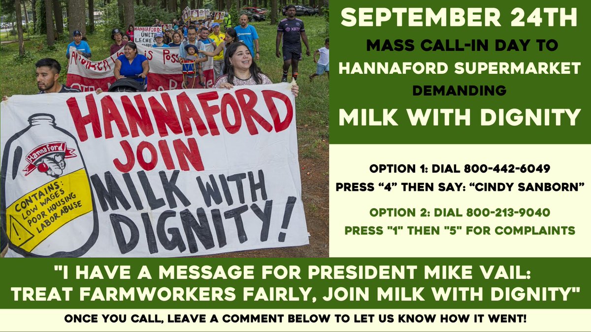 📢 ACTION ALERT 📢 
Call today and demand that Hannaford Supermarkets join #milkwithdignity! Once you do, leave a comment below to let us know how it went!