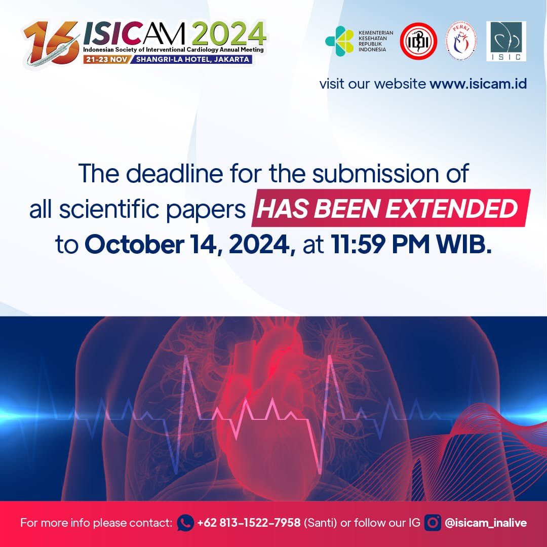 Indah Sukmawati, MD (@indahsp_md) on Twitter photo The submission deadline has been extended! Take advantage of this opportunity to submit your work and to be acknowledged by your peers.
The time to submit is now. #ISICAM2024
For more information:
Instagram: <a href="/isic/">Herbert ERNST</a>am_inaliive @isic.or.id
Website: isicam.id The submission deadline has been extended! Take advantage of this opportunity to submit your work and to be acknowledged by your peers.
The time to submit is now. #ISICAM2024
For more information:
Instagram: <a href="/isic/">Herbert ERNST</a>am_inaliive @isic.or.id
Website: isicam.id