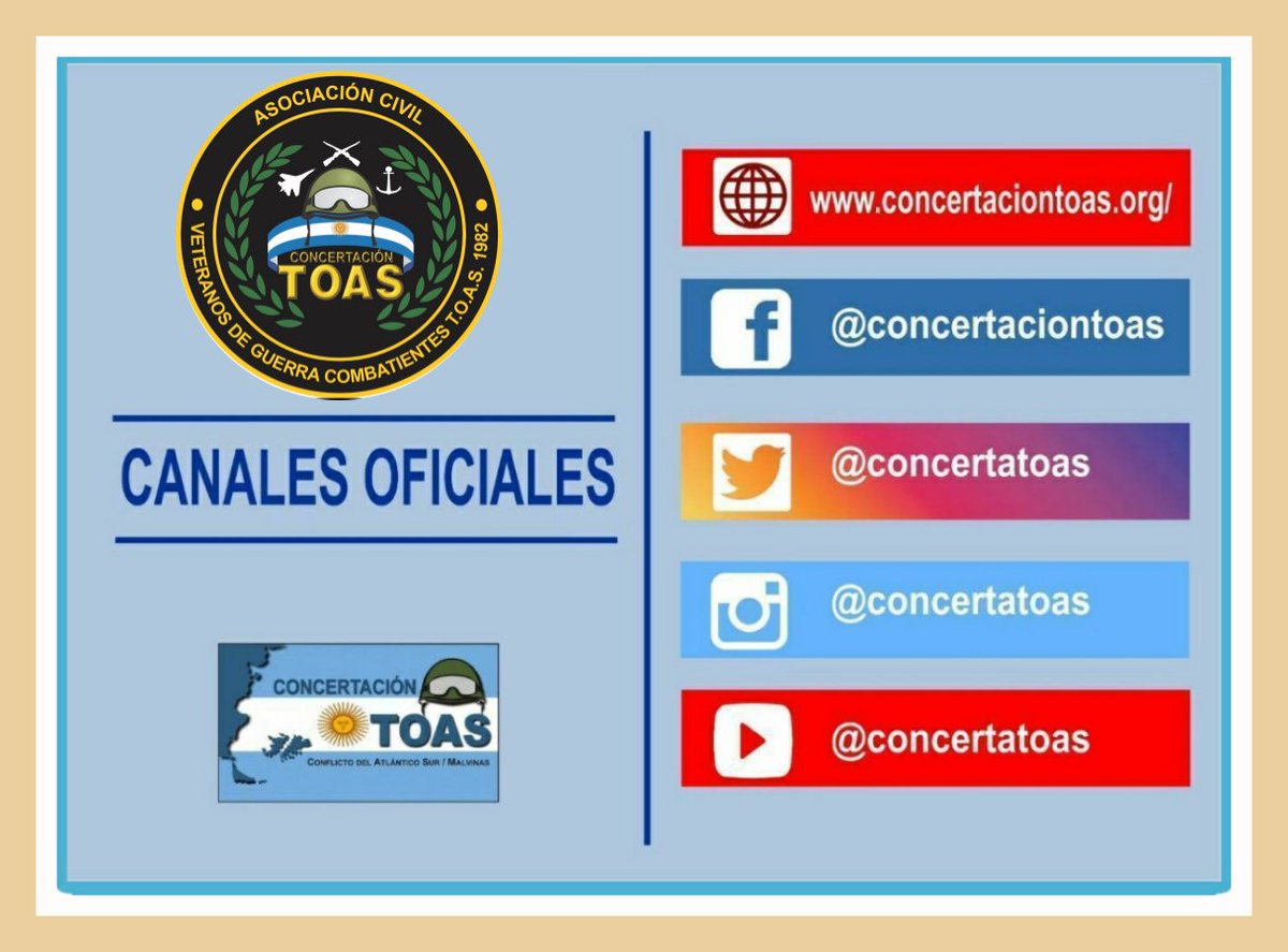 Sumate a los canales oficiales de la Asociación Civil Veteranos de Guerra Combatientes T.O.A.S 1982 (<a href="/ConcertaTOAS/">ConcertaciónT.O.A.S</a> ) <a href="/JMilei/">Javier Milei</a> <a href="/VickyVillarruel/">Victoria Villarruel</a> <a href="/luispetri/">Luis Petri</a> <a href="/SenadoArgentina/">Senado Argentina</a> <a href="/DiputadosAR/">Diputados Argentina</a>