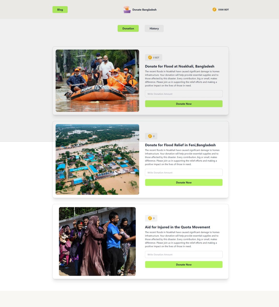 Donation Website Using HTML, CSS, Tailwind CSS, and Pure Javascript. 
Live Link: nabilsiddik.github.io/Flood-Donation/
Github Repository Link: github.com/nabilsiddik/Fl…

#webdesigner #webdeveloper #websitedesign #flooddonation #html #css #tailwindcss #javascript