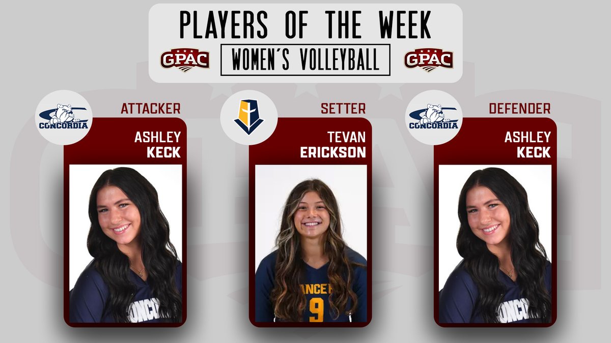 GPACSports's tweet photo. WOMEN'S VOLLEYBALL: Week 5 Honors - (Attacker &amp; Defender) Ashley Keck of @cunebulldogs and (Setter) Tevan Erickson of @MMULancers.

Complete Release:
 https://t.co/fV3OuzJ9Lk https://t.co/ht3yDOvysE
