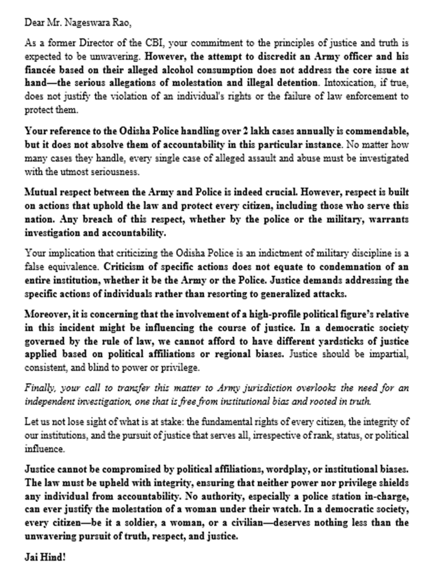 Dear <a href="/MNageswarRaoIPS/">M. Nageswara Rao IPS (Retired)</a> ! Molestation by those sworn to protect is a betrayal of justice. No rank, power, or political affiliation can justify disrespecting a woman or illegally detaining an Army Officer. <a href="/rajnathsingh/">Rajnath Singh</a> <a href="/CMO_Odisha/">CMO Odisha</a> <a href="/DGPOdisha/">DGP, Odisha</a> #ankitpradhan <a href="/adgpi/">ADG PI - INDIAN ARMY</a> <a href="/PMOIndia/">PMO India</a>
