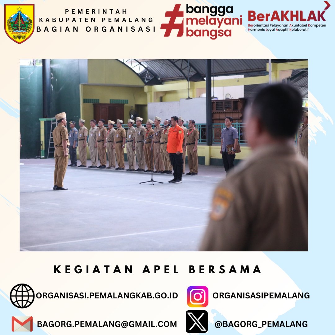 Senin, 23 September 2024 seluruh jajaran ASN di Lingkungan Pemerintah Kabupaten Pemalang melaksanakan Kegiatan Apel Bersama di Lapangan Tenis Indoor Kabupaten Pemalang yang dipimpin Bapak Bupati Mansur Hidayat, ST, M.Ling.