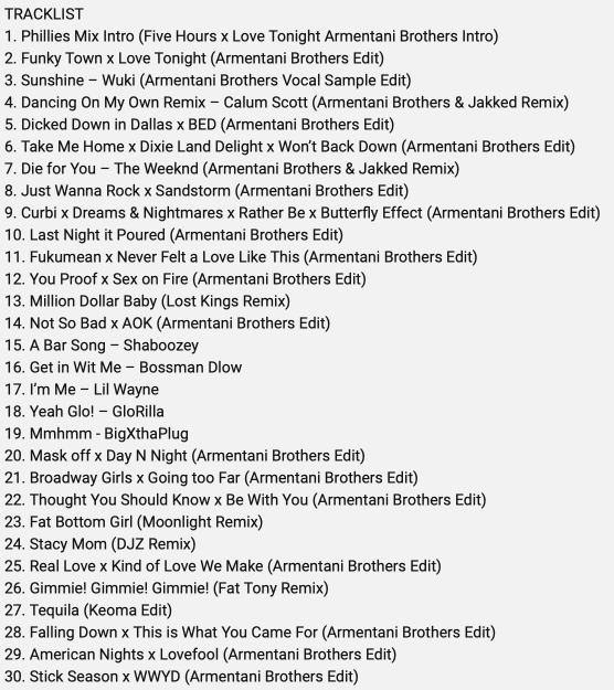 KyleScottL's tweet photo. Here is the full track list from the Phillies' 2024 playlist from the (soon to be very Philly famous) @ArmentaniBros https://t.co/RR50QcDJMP