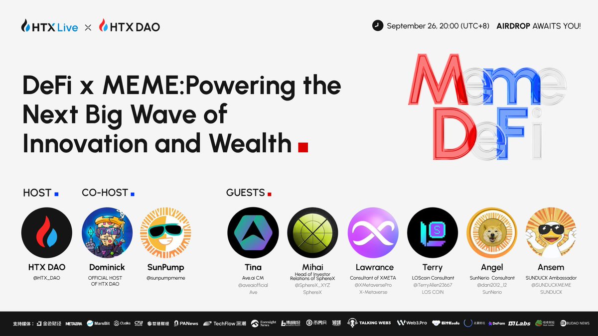 🔥DeFi x MEME: Driving Innovation and Wealth! 

📅 Join us on Sep. 26th at 20:00 (Beijing Time) with <a href="/sunpumpmeme/">SunPump</a> and <a href="/HTX_DAO/">HTX DAO</a> as we dive into the exciting world of #DeFi + #Meme!

1️⃣ Ave.ai: Decentralized data platform aggregating insights from 25 blockchains.