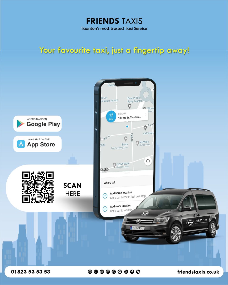 FriendsTaxis's tweet image. Friends Taxis - Taxi Of Taunton 
24/7 Service, Comfort &amp;amp; Safety, Multiple Payment Options, Online Booking

Contact Us:

📞 Phone: 01823 53 53 53

💬 WhatsApp: wa.me/447732775353

🌐 Website: friendstaxis.co.uk