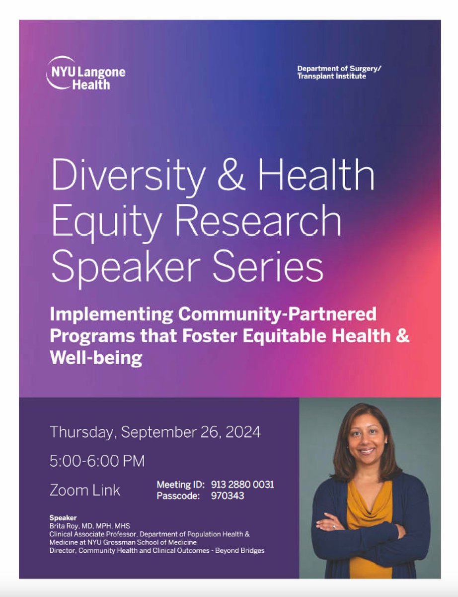 NYU Langone Surgery (@nyulh_surgery) on Twitter photo Join us for our #DHE Rsearch Speaker Series! Tomorrow 9/26 at 5PM EST, Dr. Brita Roy @broy3445 from <a href="/NYULH_DeptofMed/">NYU Department of Medicine</a> will be presenting her work aimed at fostering equitable health & well-being. Join the conversation here: nyulangone.zoom.us/j/91328800031?… #NYULH_Surgery <a href="/Kathie_JosephMD/">Kathie Joseph, MD, MPH(kathiejosephmd.bsky.social)</a> Join us for our #DHE Rsearch Speaker Series! Tomorrow 9/26 at 5PM EST, Dr. Brita Roy @broy3445 from <a href="/NYULH_DeptofMed/">NYU Department of Medicine</a> will be presenting her work aimed at fostering equitable health & well-being. Join the conversation here: nyulangone.zoom.us/j/91328800031?… #NYULH_Surgery <a href="/Kathie_JosephMD/">Kathie Joseph, MD, MPH(kathiejosephmd.bsky.social)</a>