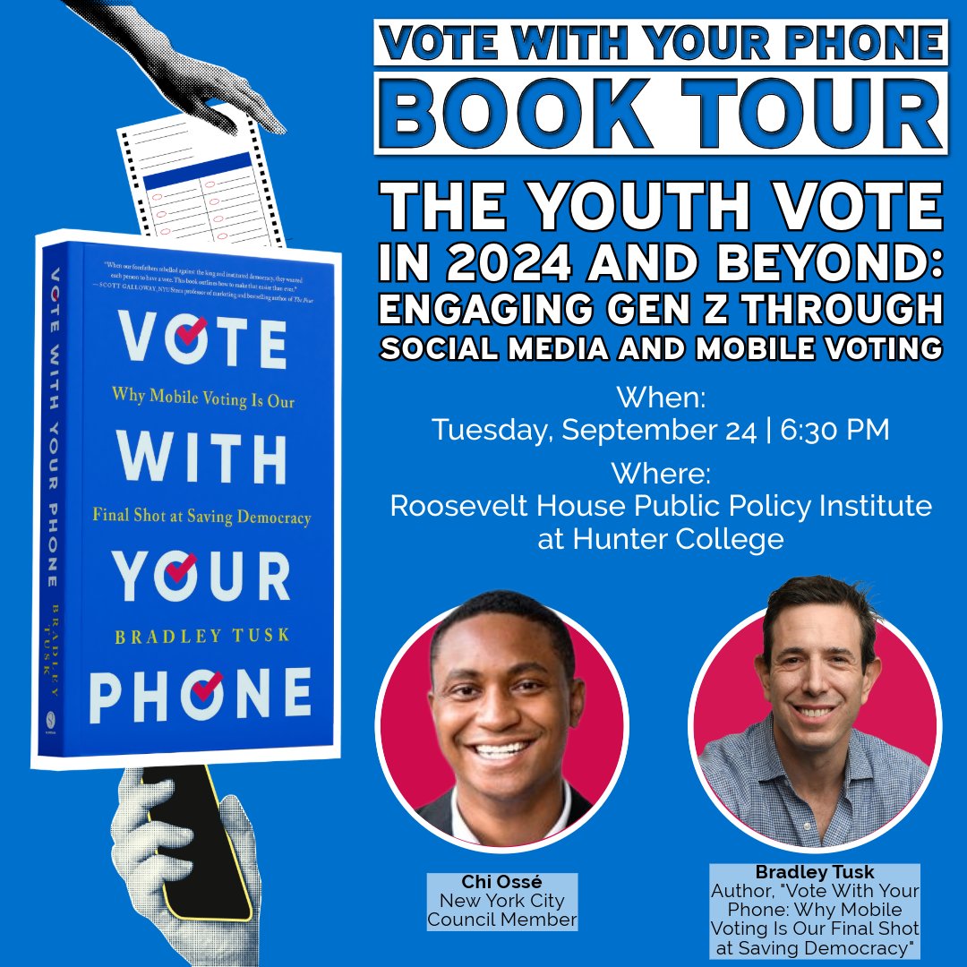 Mobile Voting (@mobilevoting) on Twitter photo Join Mobile Voting's founder Bradley Tusk & NYC Councilmember <a href="/OsseChi/">Chi Ossé</a> in the latest stop of the Vote With Your Phone national book tour. This riveting discussion will discuss the youth vote and engaging Gen Z through social media and voting. RSVP below⤵️
community.hunter.cuny.edu/roosevelt-hous… Join Mobile Voting's founder Bradley Tusk & NYC Councilmember <a href="/OsseChi/">Chi Ossé</a> in the latest stop of the Vote With Your Phone national book tour. This riveting discussion will discuss the youth vote and engaging Gen Z through social media and voting. RSVP below⤵️
community.hunter.cuny.edu/roosevelt-hous…