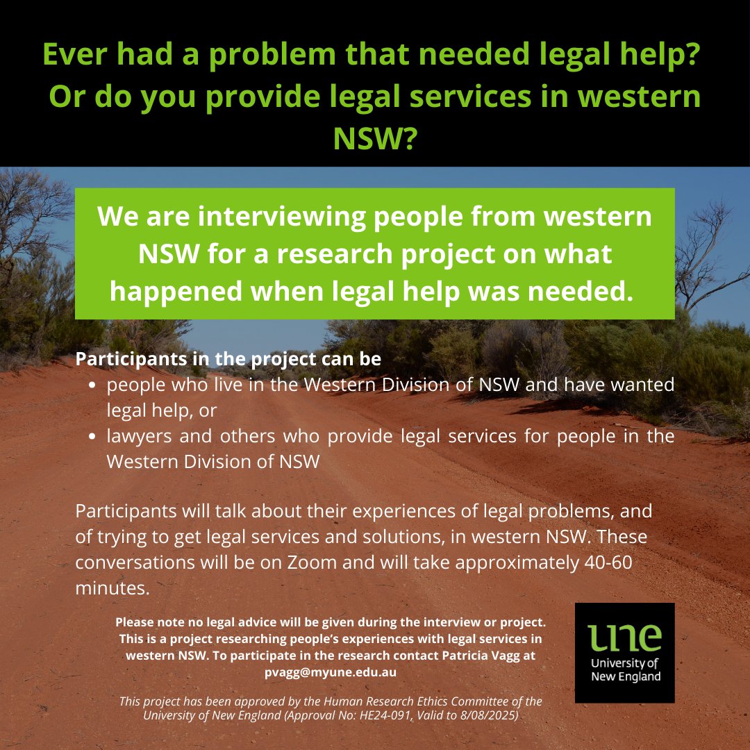 UNE School of Law (@une_law) on Twitter photo UNE Researchers are after interview participants who can be:
โพ people who live in the Western Division of NSW & have wanted legal help
โพ lawyers & others who provide legal services for people in the Western Division of NSW
Email ๐ฝ๐๐ฎ๐ด๐ด@๐บ๐๐๐ป๐ฒ.๐ฒ๐ฑ๐.๐ฎ๐ to participate UNE Researchers are after interview participants who can be:
โพ people who live in the Western Division of NSW & have wanted legal help
โพ lawyers & others who provide legal services for people in the Western Division of NSW
Email ๐ฝ๐๐ฎ๐ด๐ด@๐บ๐๐๐ป๐ฒ.๐ฒ๐ฑ๐.๐ฎ๐ to participate
