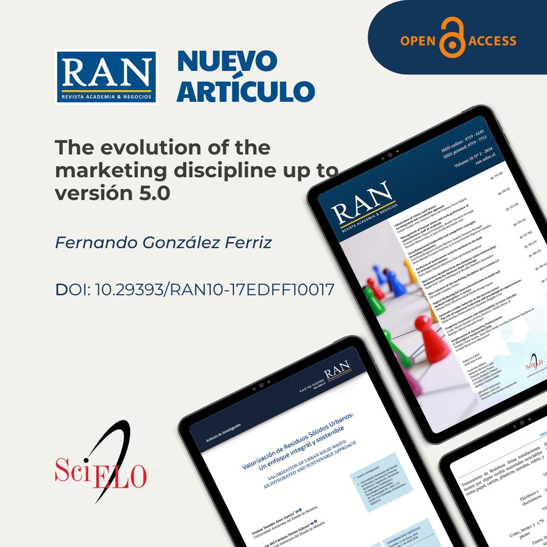 RAN - Revista Academia & Negocios (@ran_udec) on Twitter photo #RAN - New Published Paper 🖨
📖 Title: The evolution of the marketing discipline up to versión 5.0
✍ Written by: Fernando González Ferriz
🔗 Link: 10.29393/RAN10-17EDFF10017
#UdeC <a href="/EAN_UdeC/">EAN UdeC</a> <a href="/EditorialUdeC/">Editorial UdeC</a> <a href="/revistasudec/">revistasudec</a> <a href="/UdecChillan/">UdeC Chillán</a> #RAN - New Published Paper 🖨
📖 Title: The evolution of the marketing discipline up to versión 5.0
✍ Written by: Fernando González Ferriz
🔗 Link: 10.29393/RAN10-17EDFF10017
#UdeC <a href="/EAN_UdeC/">EAN UdeC</a> <a href="/EditorialUdeC/">Editorial UdeC</a> <a href="/revistasudec/">revistasudec</a> <a href="/UdecChillan/">UdeC Chillán</a>