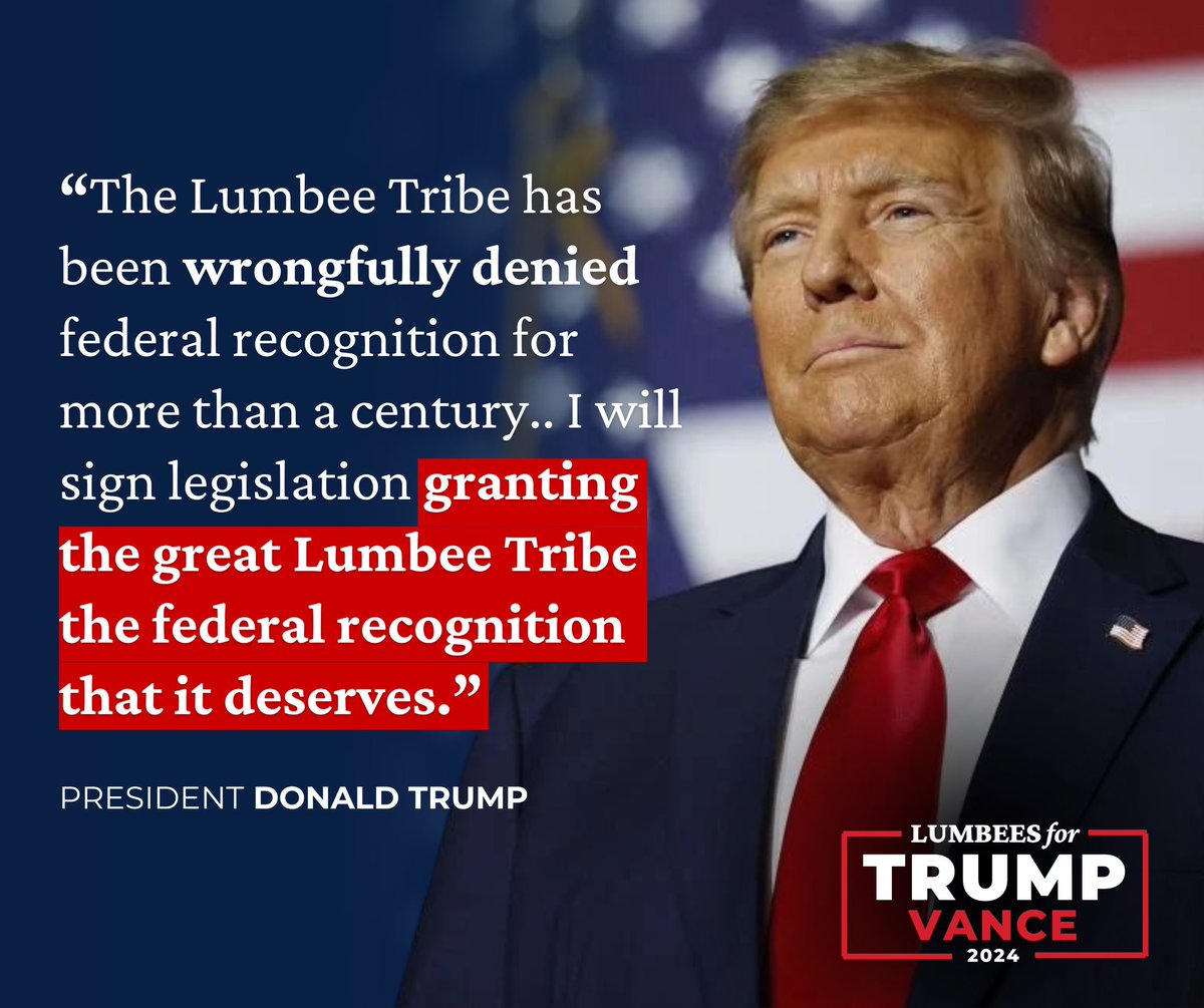 RobesonNCGOP's tweet image. Democrats have repeatedly failed to rectify the injustice against the Lumbee, & have taken Lumbee votes for granted for the last time.
President Trump is doing what democrats aren’t & speaking directly on this issue. Lumbee votes will deliver President Trump a victory in NC!🇺🇸