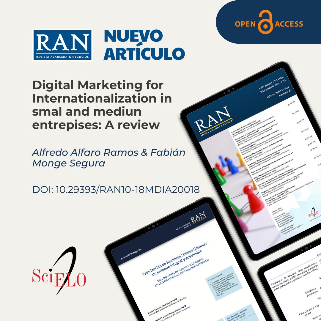 RAN - Revista Academia & Negocios (@ran_udec) on Twitter photo #RAN- New Published Paper🖨️
📖Title: Digital Marketing for Internationalization in small and medium enterprises: A review
✍️Written by: Alfredo Alfaro Ramos & Fabián Monge Segura
🔗Link: 10.29393/RAN10-18MDIA20018
#UdeC <a href="/EAN_UdeC/">EAN UdeC</a> <a href="/EditorialUdeC/">Editorial UdeC</a> <a href="/revistasudec/">revistasudec</a> <a href="/UdecChillan/">UdeC Chillán</a> #RAN- New Published Paper🖨️
📖Title: Digital Marketing for Internationalization in small and medium enterprises: A review
✍️Written by: Alfredo Alfaro Ramos & Fabián Monge Segura
🔗Link: 10.29393/RAN10-18MDIA20018
#UdeC <a href="/EAN_UdeC/">EAN UdeC</a> <a href="/EditorialUdeC/">Editorial UdeC</a> <a href="/revistasudec/">revistasudec</a> <a href="/UdecChillan/">UdeC Chillán</a>
