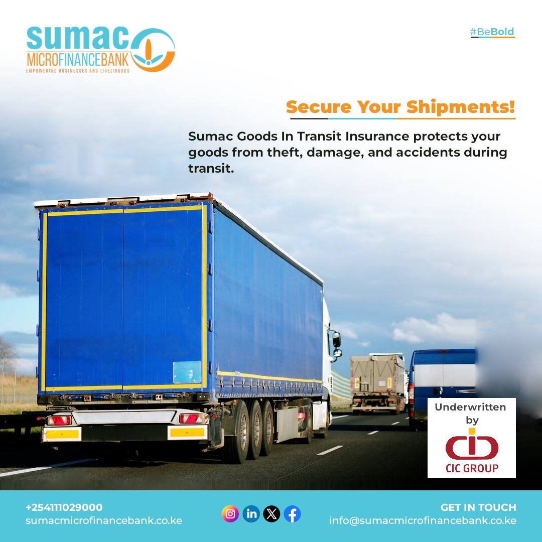 SumacBank's tweet image. Ensure your goods are safe every step of the way with Sumac Goods In Transit Insurance. Get protection from theft, damage, and accidents during transit.  

 #GoodsInTransit  
#SumacInsurance
#BeBold