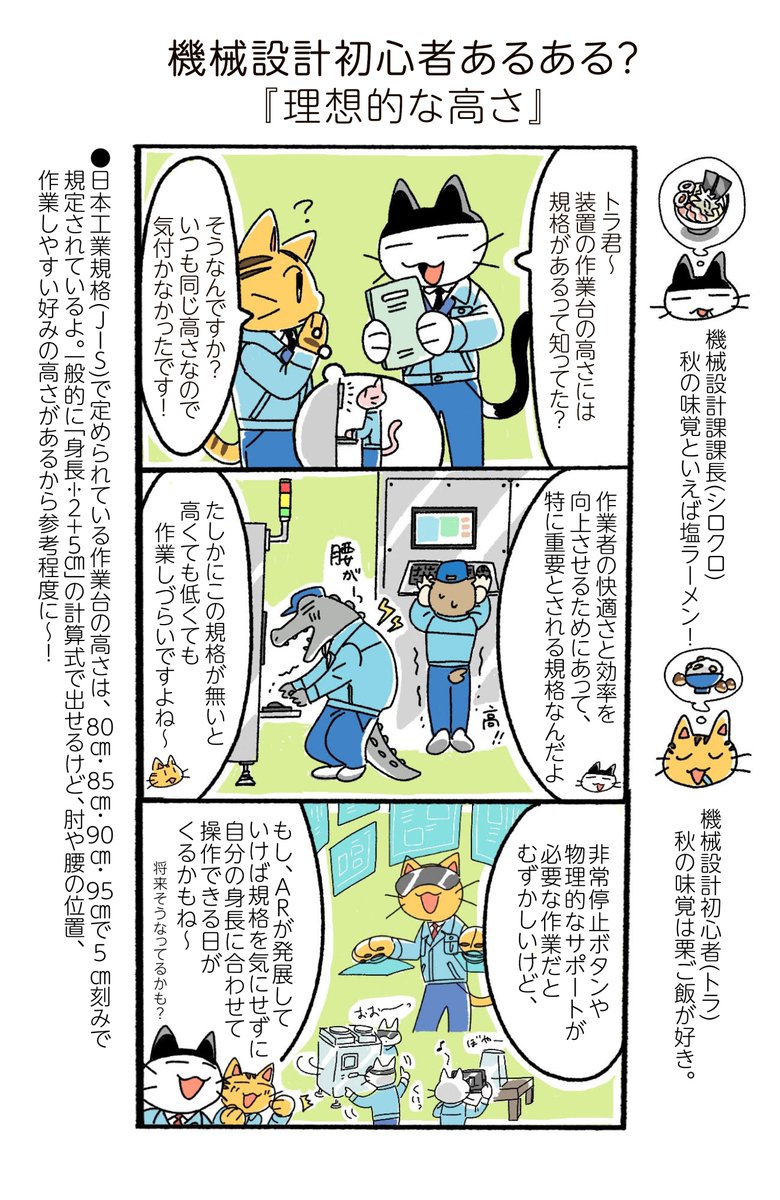 Preceed_Co_ltd's tweet photo. 本日の漫画は作業台の高さについて！
普段使ってる机やキッチンも自分にとって良い高さを見つけたいですね。
＃機械設計　＃漫画 https://t.co/0VIuZHhMp9