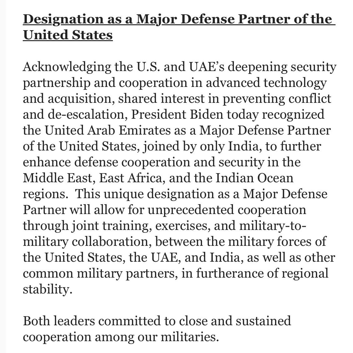 Extremely pleased and excited to see the U.S. designate the UAE as a ‘Major Defense Partner’ (joined by only India).

It cannot be understated: this is a game-changer and it’ll contribute significantly to existing efforts to promote stability in the region.
