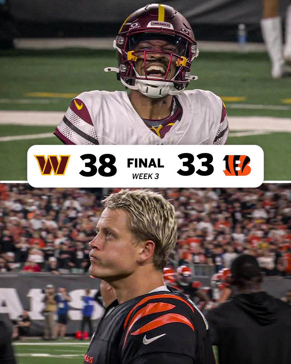 espn's tweet image. THE COMMANDERS GET THE ROAD WIN ON MNF 🔥

JAYDEN DANIELS OUTDUELS JOE BURROW IN THE HEISMAN WINNER SHOWDOWN ⚔️