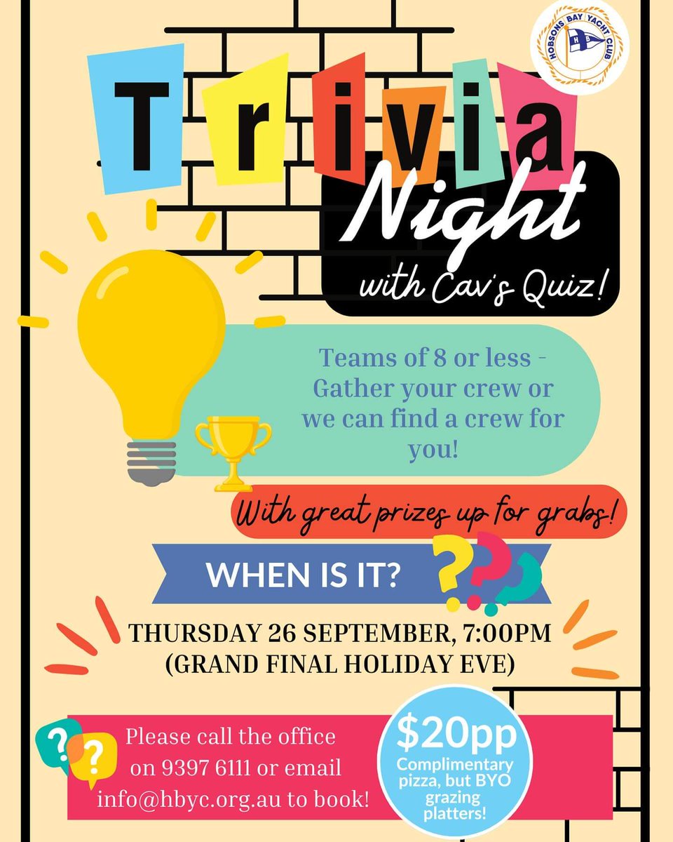 To all my Melbourne based followers. I'll be at the Hobson's Bay Yacht Club this Thursday for #CavsQuiz ! There's still tables available! Check the flyer for details! #PubQuiz #HobsonsBayYachtClub
