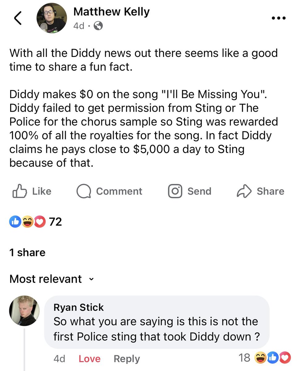 Well we know what song will be ironically playing as #SeanCombs gets hauled off to prison…
 #diddyproblems #DiddyCombs #pdiddysecrets #musicroyalties #Sting <a href="/ThePoliceBand/">The Police</a>