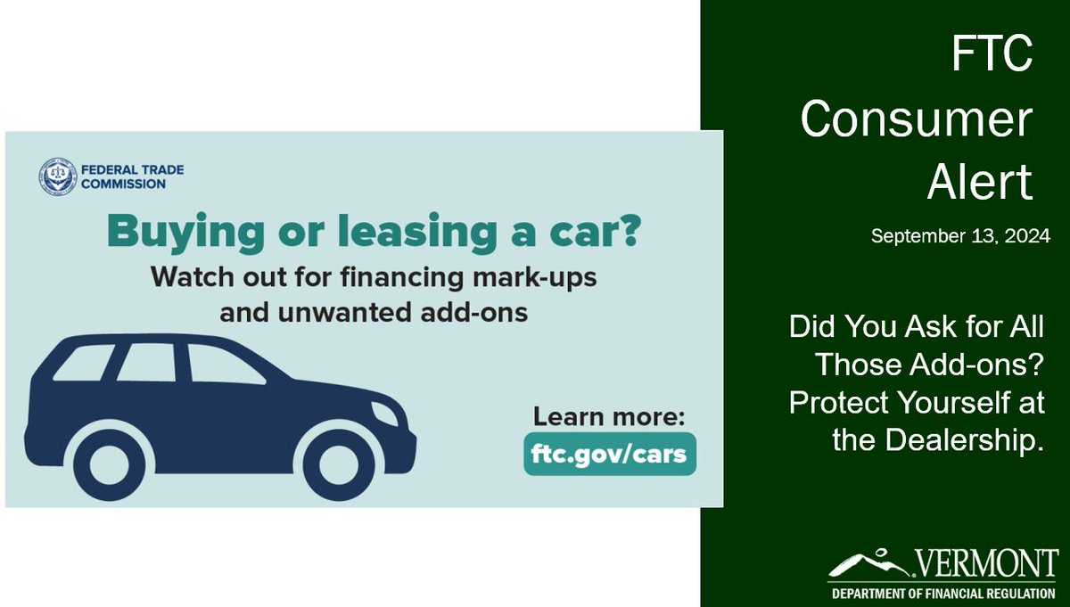 VermontDFR's tweet image. How can you protect yourself when buying a car? A) Shop around for financing. B) Read the sales contract carefully. C) Walk away if you’re not getting what was promised. You don’t have to take the deal if you’re not satisfied.  #AutoAddons ow.ly/oEbU50TovH4
