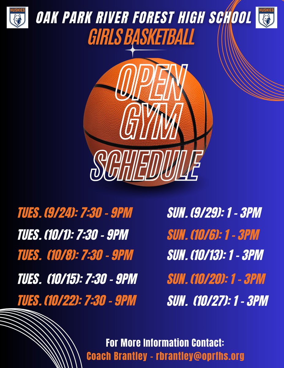 oprfhsgb's tweet photo. Remaining 2024 Open Gym Schedule! 🧡💙🏀🧡💙🏀#HuskiePride #GoTime https://t.co/3KlDMm2YyD