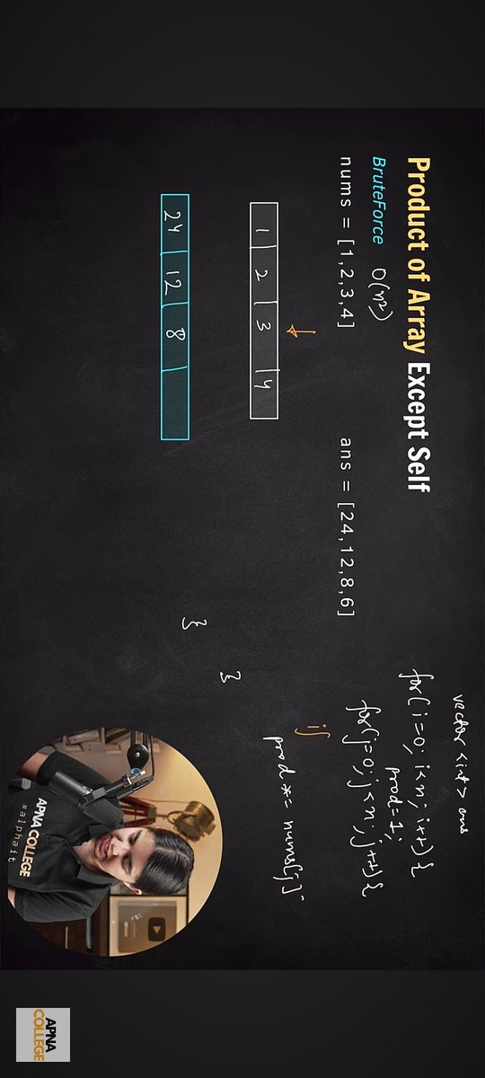 priyanshu246745's tweet image. #coding #learningcoding
#Day14th
Today I am completed lecture 15 of product of self array from DSA series of Apna College by @ShradhaKhapra_ mam solve by two methods one is brute and other is optimal and revised space complexity . Making notes attached below 👇.
Thank all 🙏