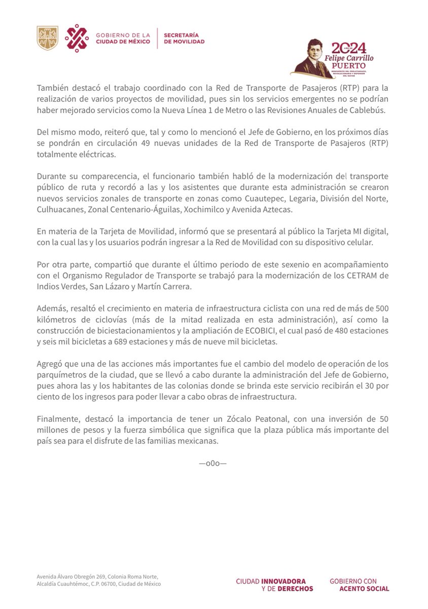 Al presentar el Sexto Informe de Actividades en la Comisión de Movilidad Sustentable y Seguridad Vial del <a href="/Congreso_CdMex/">Congreso de la Ciudad de México</a>, el Secretario <a href="/andreslajous/">Andrés Lajous</a> destacó los logros en la materia en esta administración iniciada por la actual Presidenta electa <a href="/Claudiashein/">Claudia Sheinbaum Pardo</a>, y que continuó el