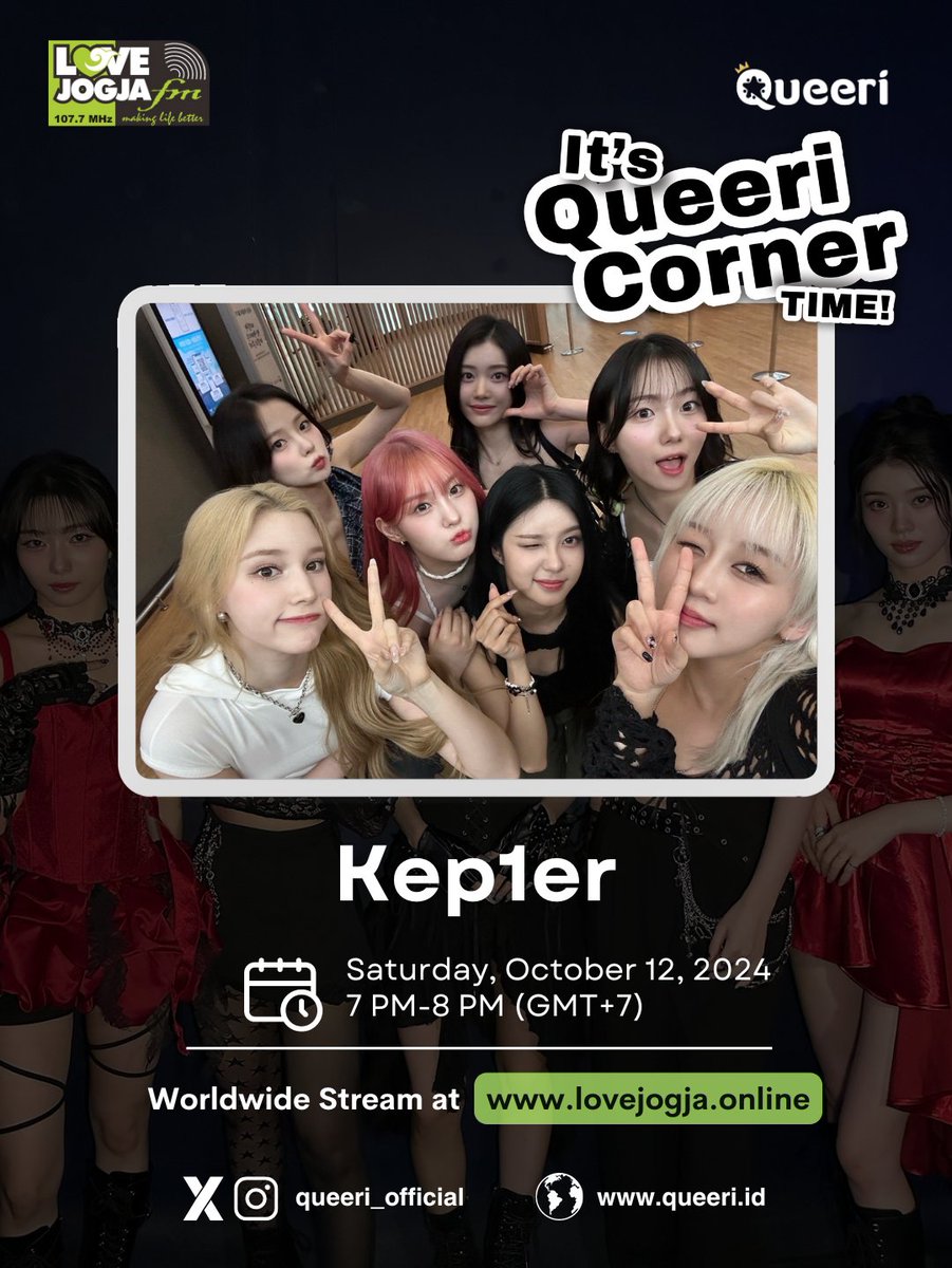 Don't miss Queeri Corner broadcast at Radio Love Jogja FM 📻

An Hour #Kep1er  Radio Listening Party!

Stream at lovejogja.online on Saturday, October 12 at 7 PM-8 PM (GMT+7) Jakarta Time.

Stay tuned!

#Queeri #Queeri_Vote #Queeri_Corner