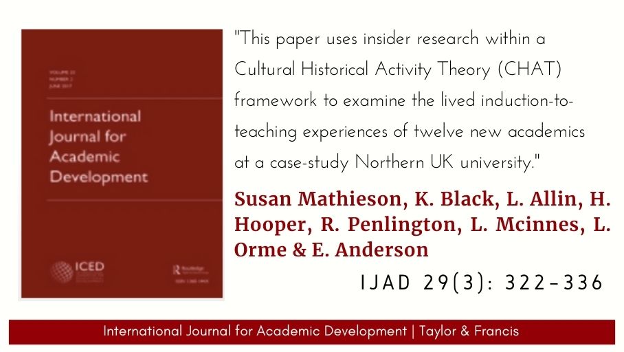 IntlJourAcadDev's tweet photo. Latest issue: 'New academics’ experiences of induction to teaching: using Cultural Historical Activity Theory (CHAT) to understand and improve induction experiences', by Susan Mathieson, @KateblackKate, @LindaAllin1 et al., IJAD 29(3), 2024 - https://t.co/ia9hLY4QFT https://t.co/XUsyIjg2RZ