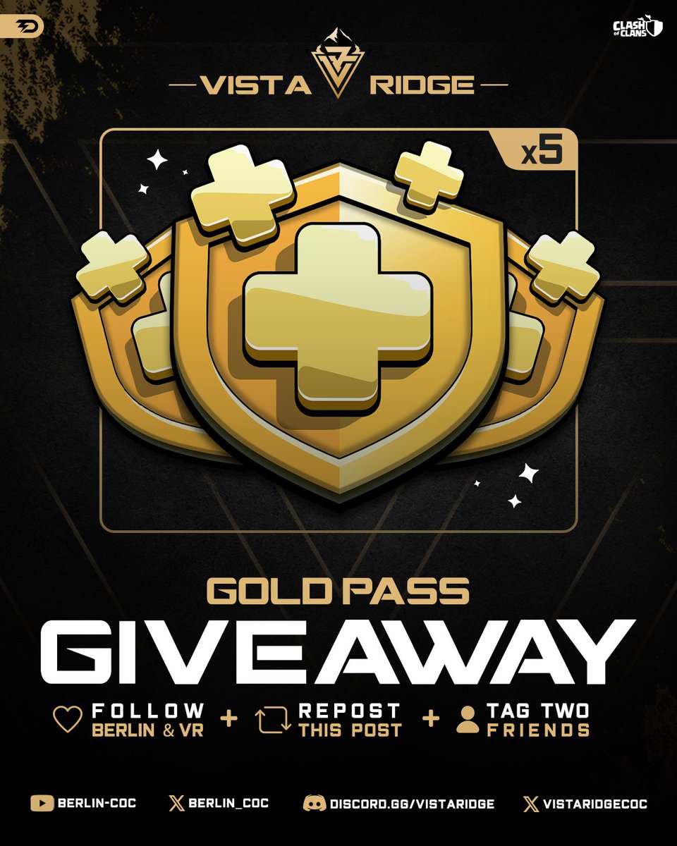 ╡ ＧＩＶＥＡＷＡＹ ╞

We are celebrating our new streaming partner with a 5 gold pass giveaway! 🎉 Huge thanks to <a href="/BERLIN_COC/">BERLIN COC</a>  for partnering &amp; sponsoring this giveaway! 🫶

Steps To Enter ☑️
- Follow Berlin on YouTube: youtube.com/@berlin-coc
- Follow Berlin &amp; VR on X:
