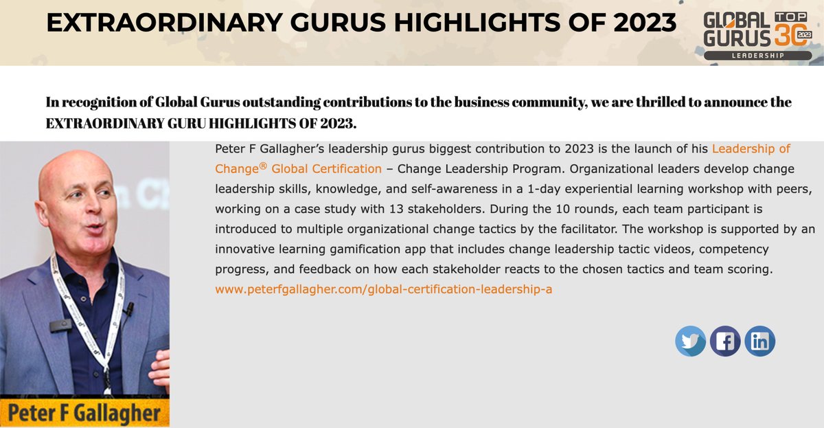 peterfgallagher's tweet photo. #LeadershipofChange
Gurus Highlights of 2023 ~ Peter F Gallagher
Biggest contribution to 2023 is the launch of
Leadership of Change® Global Certification - Change Leadership Program
#ChangeLeadership
https://t.co/jwS2F5MbI7 https://t.co/6fuJf7eSow