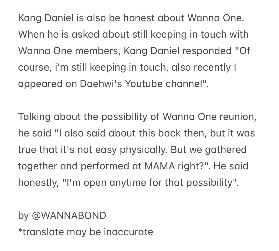 240923 Kang Daniel also said that he stills keep in touch with Wanna One members and open for reunion possibility #강다니엘 

#WANNABOND #WannaOne #워너원