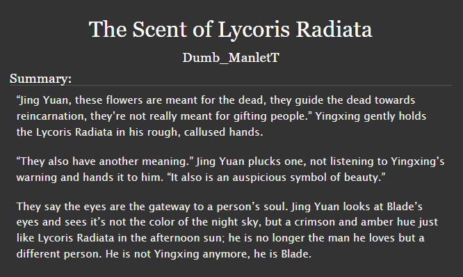 manlet_t's tweet photo. The Scent of Lycoris Radiata
#景刃 #jingren
Rated: 🟥
Words: 4.4k
🔗https://t.co/uHKAyphqFn https://t.co/Dvmdz4savo