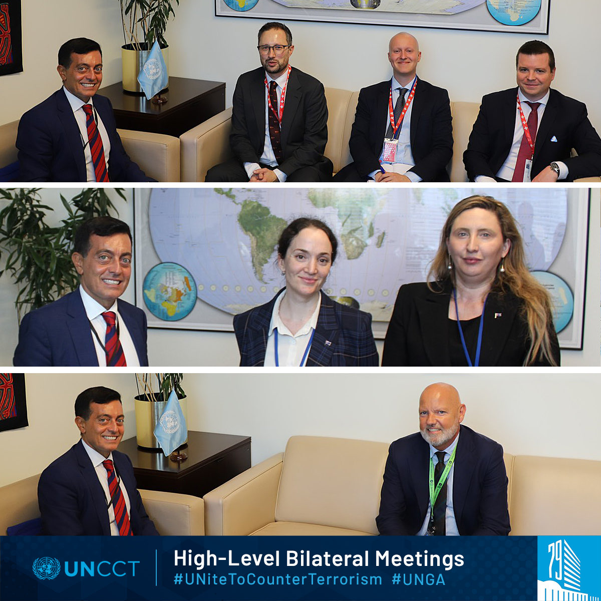 On #UNGA margins, #UNCCT Dir. Miedico discussed ways to strengthen #CounterTerrorism #PCVE partnerships &amp; #capacitybuilding efforts with

🇩🇰 MFA, CT Coordinator, Ravnkilde
🇨🇭MFA, CT Dep. Coordinator, Frank
🇦🇺 DFAT, Multilateral Partnerships, AD Davies

#UNiteToCounterTerrorism