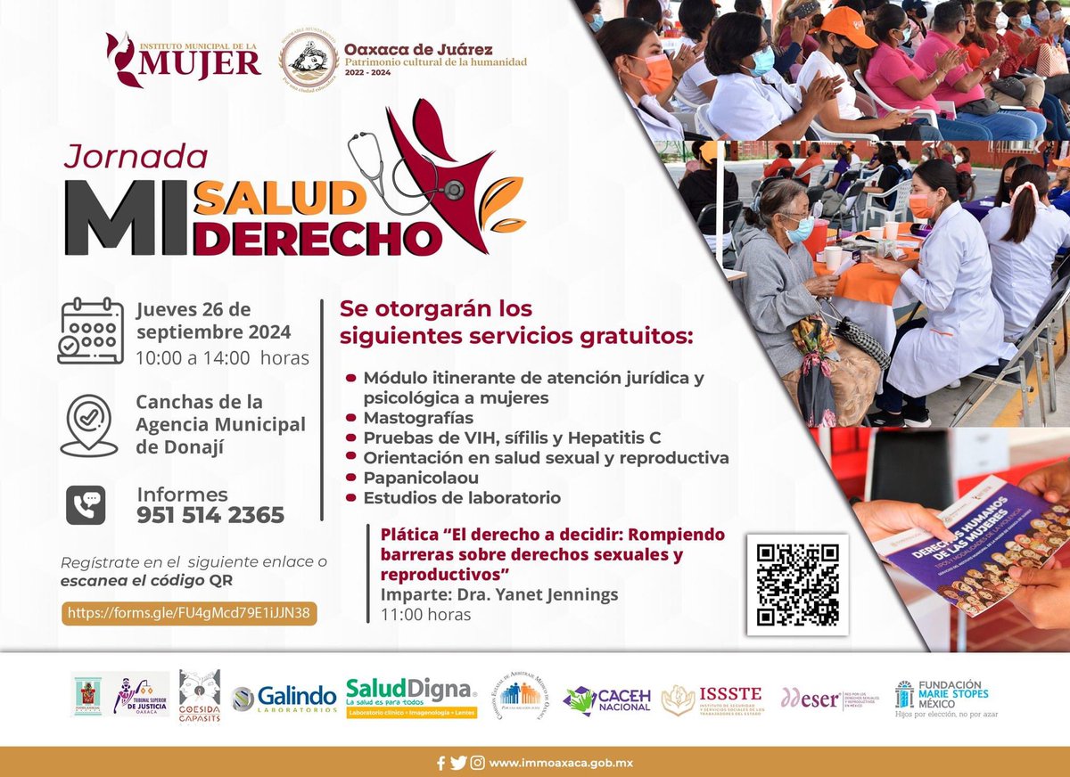 Te invitamos a la jornada “Mi salud, mi derecho”. Participa y accede gratuitamente a los servicios de salud que estarán disponibles.

📅 Jueves, 26 de septiembre
📍 Agencia Municipal de Donají
⏰ De 10:00 a 14:00 horas

Regístrate aquí: forms.gle/k8TLdH9DFQYHp3…