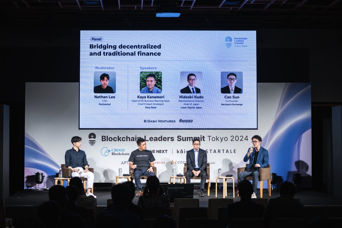 BLS_World's tweet image. 0/ The panel "Bridging Decentralized and Traditional Finance" featured Kaya Kanamori (Sony Bank), Hideaki Kudo (Laser Digital Japan), and Can Sun (Backpack Exchange), moderated by Nathan Lee (Factomind), exploring how to connect traditional finance with Web3.