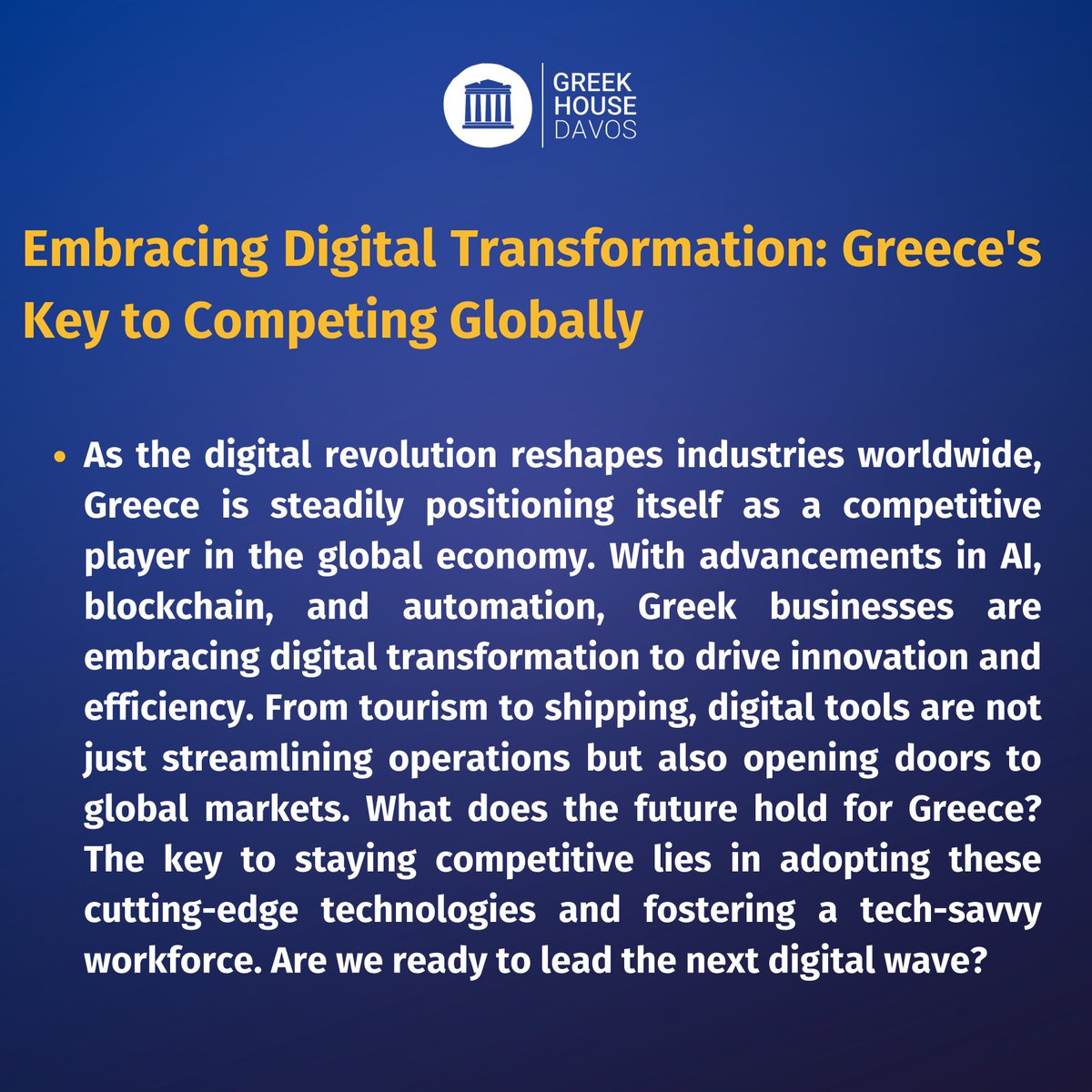 The future is digital, and Greece is ready to lead! From AI to blockchain, Greek businesses are embracing cutting-edge technologies to stay ahead in the global market. Is your business part of the digital revolution? #DigitalTransformation #Innovation #TechFuture #GreekEconomy