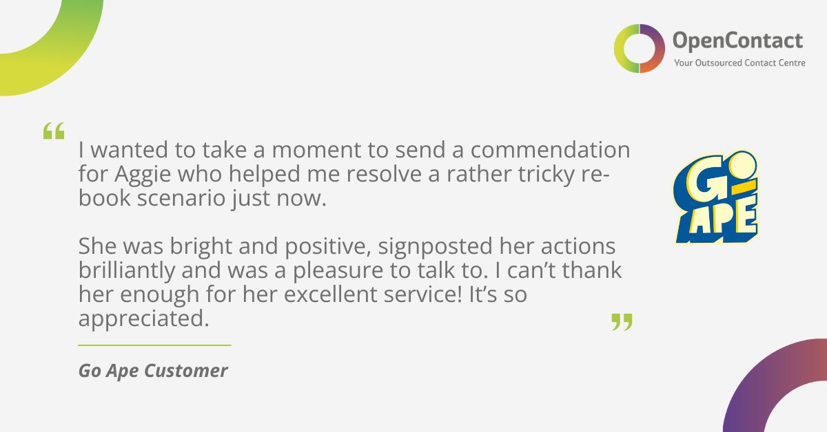 opencontactuk's tweet photo. It’s always great hearing feedback from our clients about the excellent OpenContact team! 🥳

Agatha Kennedy has been praised for her excellent support services when assisting a Go Ape customer with their booking.

Keep up the fantastic work! 🥇 https://t.co/Br1MaxzcW0