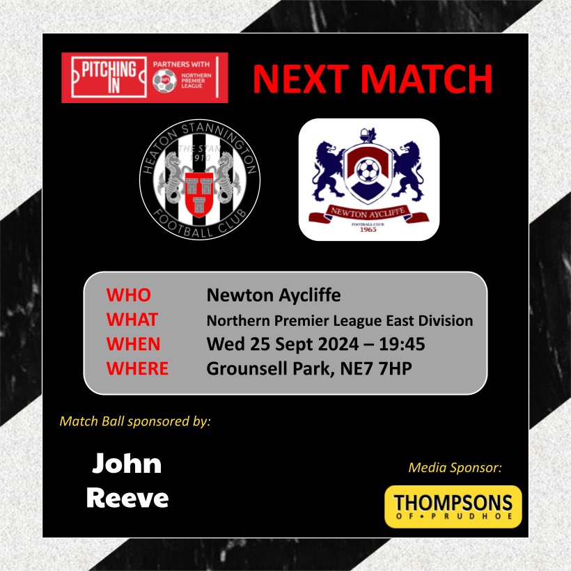 NEXT MATCH

Almost a MONTH after our last home league game, we’re back at Grounsell Park tomorrow night to welcome Newton Aycliffe. 

Purchase advance tickets for speedy access: heatonstan.co.uk/tickets