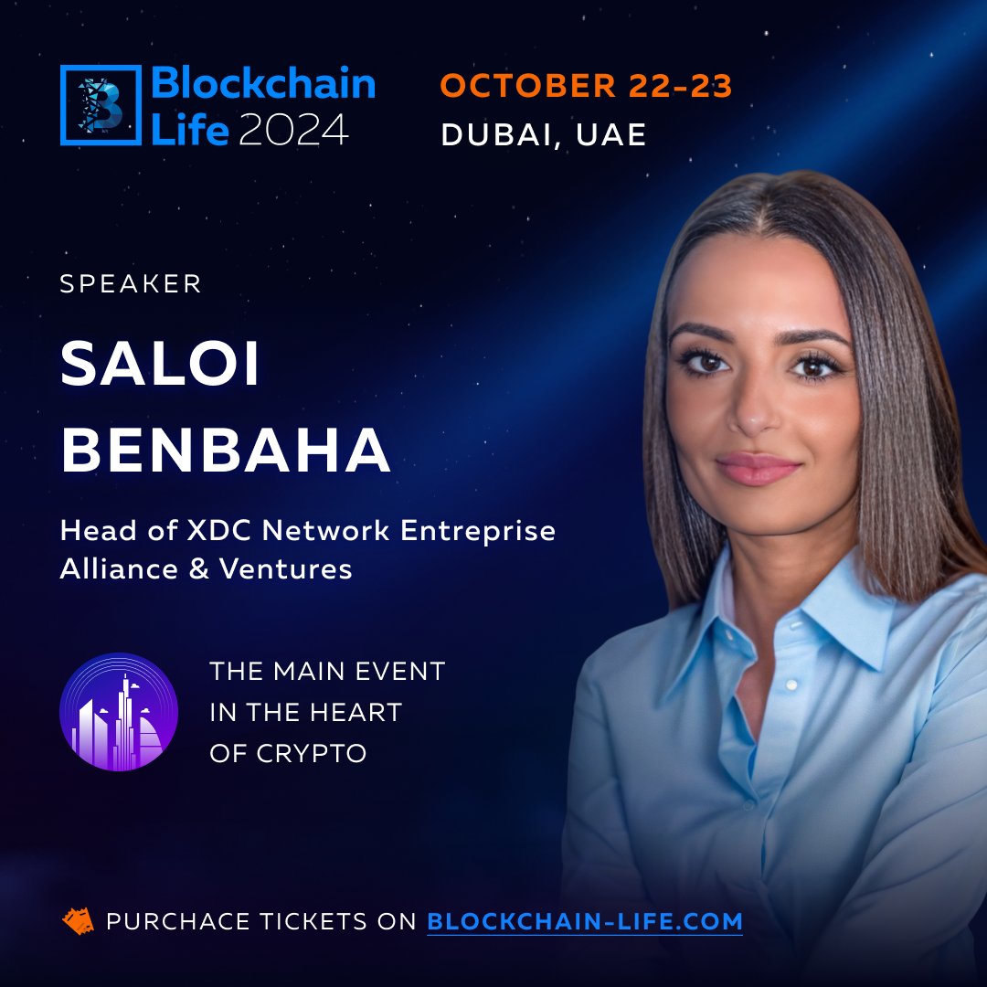 Saloi Benbaha takes the stage at Blockchain Life 2024 in Dubai The Head of  XDC Network Entreprise Alliance & Ventures shares her insights in just 2  months. Over 10,000 attendees from 120+