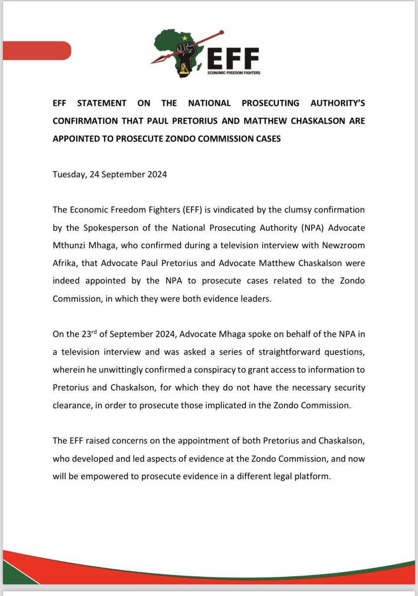 EFFSouthAfrica's tweet image. Eff Statement On The National Prosecuting Authority’s Confirmation That Paul Pretorius And Matthew Chaskalson Are Appointed To Prosecute Zondo Commission Cases

- The NPA in either instance has blatantly lied to the people of South Africa, affirming the EFF that the attempt for…