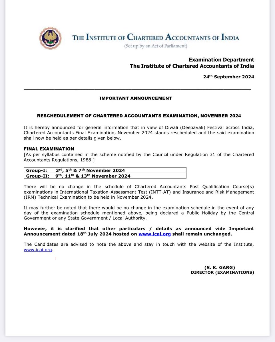 RESCHEDULEMENT OF CHARTERED ACCOUNTANTS EXAMINATION, NOVEMBER 2024

<a href="/theicai/">Institute of Chartered Accountants of India - ICAI</a> #ICAIEXAM