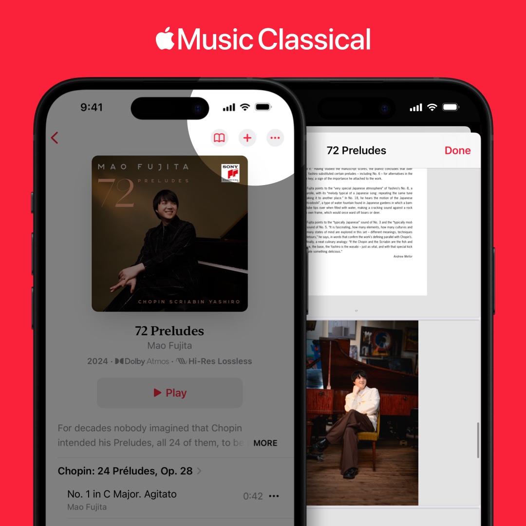 Get closer to the music you love.

Today we’re adding over 50,000 album booklets to the Apple Music Classical app to enhance your listening experience.
Explore in-depth liner notes, translations, composer biographies, and more. apple.co/AppleMusicClas…
---
#AlbumBooklets