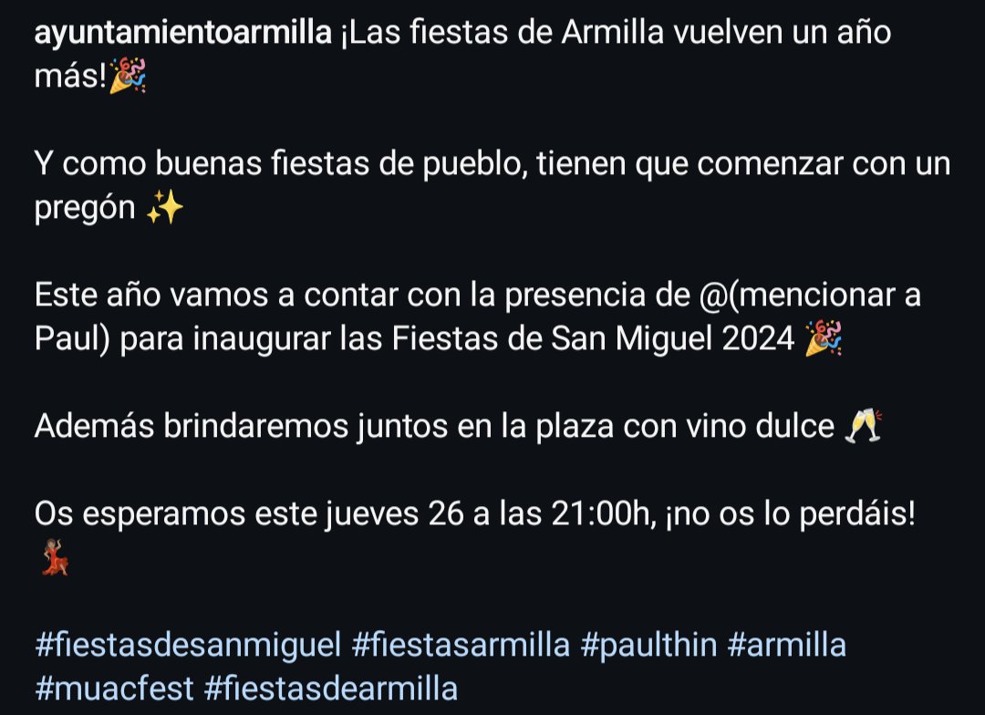 PaulThinWorld's tweet image. 📸 • Publicación del @AytoArmilla. 🎇🎤
#Pregón #SanMiguel 
#MuacFest #SpawnPointTour 

«Este año vamos a contar con la presencia de @PaulSThin para inaugurar las Fiestas de San Miguel 2024 🎉...»

➡️instagram.com/reel/DASzHSCoY…
