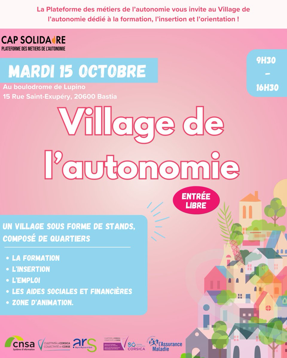 Nous serons présents le 15/10 au boulodrome de Lupino pour le “Village de l’Autonomie” organisé par la Plateforme des métiers de l’autonomie.

Une journée dédiée à l’insertion, l’emploi et l’orientation dans le secteur sanitaire et médico-social à travers des stands/animations.